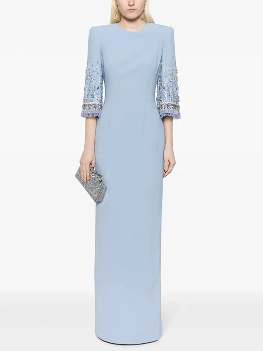 Beaded Haute Couture Floor-Length Dress – 3/4 Sleeves, Formal Elegance