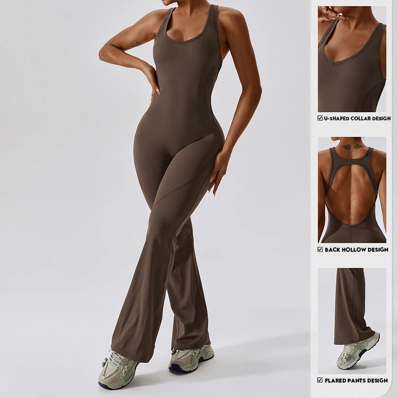 V Neckline Back Cut Out Flare Workout Jumpsuit