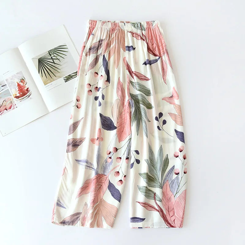 Floral Wide Leg Pajama Bottoms Women's Casual Palazzo Culottes