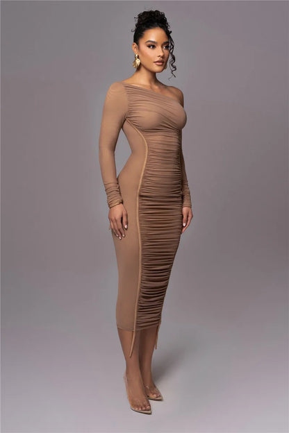 Long Sleeves Two Layer Mesh Midi Bodycon Dress