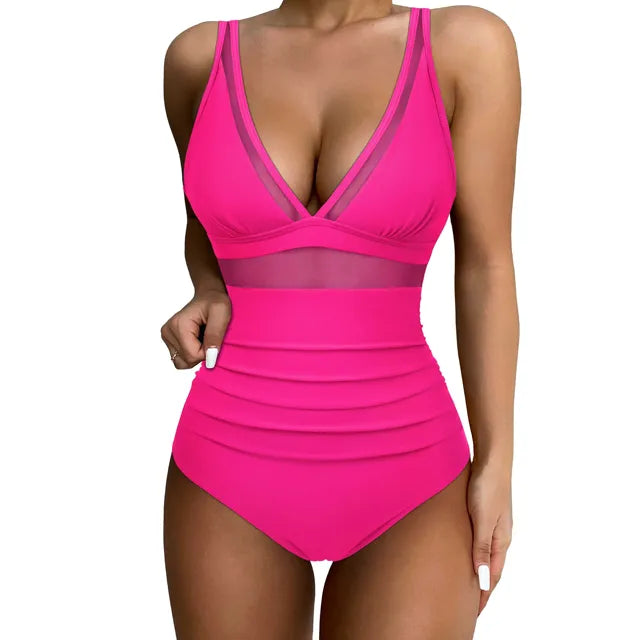 V Neckline Mesh Details Full Coverage Swimsuit