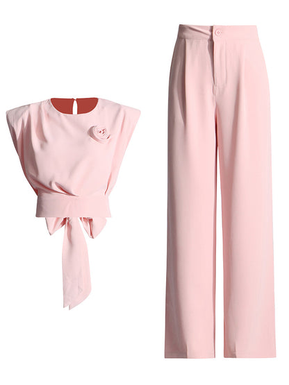 Back Bow Tie Top and Wide Leg Trousers Set