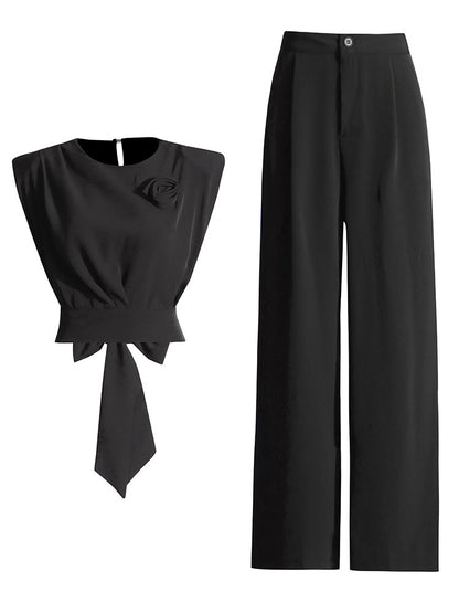 Back Bow Tie Top and Wide Leg Trousers Set