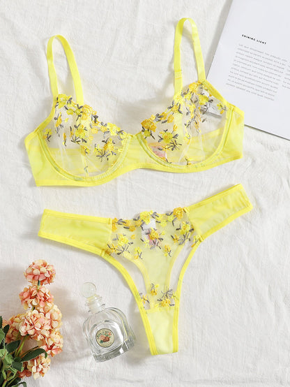 Floral Embroidery Lingerie Set Lace Bra and Thong Set