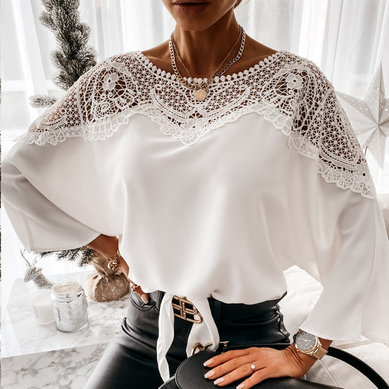 Loose Cut Boat Neckline Lace Details Wide 2/3 Sleeve Blouse