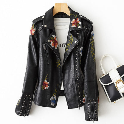 Women's Floral Embroidery Leather Jacket