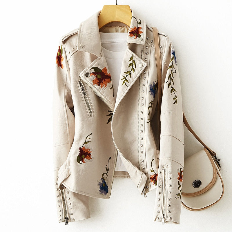 Women's Floral Embroidery Leather Jacket