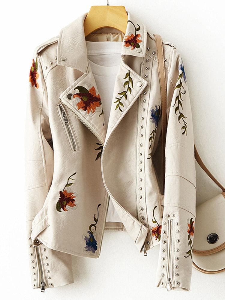 Women's Floral Embroidery Leather Jacket