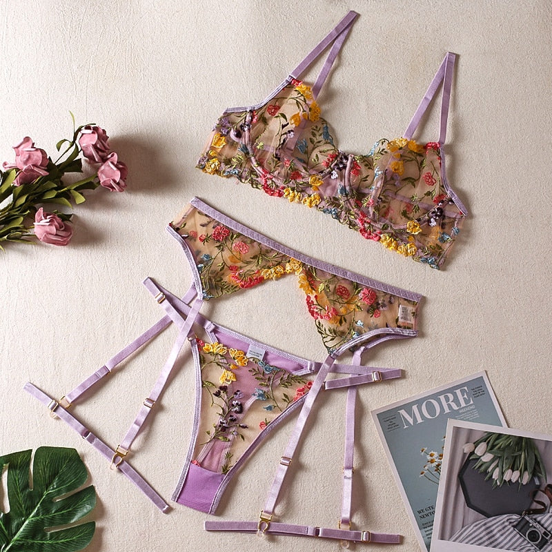 Floral Embroidery Lace 3-Piece Lingerie Set