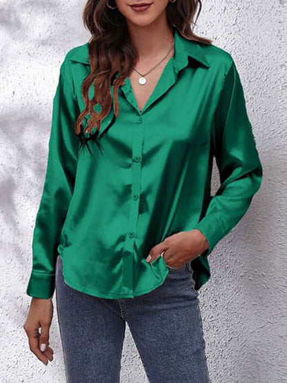 Loose Fit Satin Long Sleeve Button Up Blouse Shirt