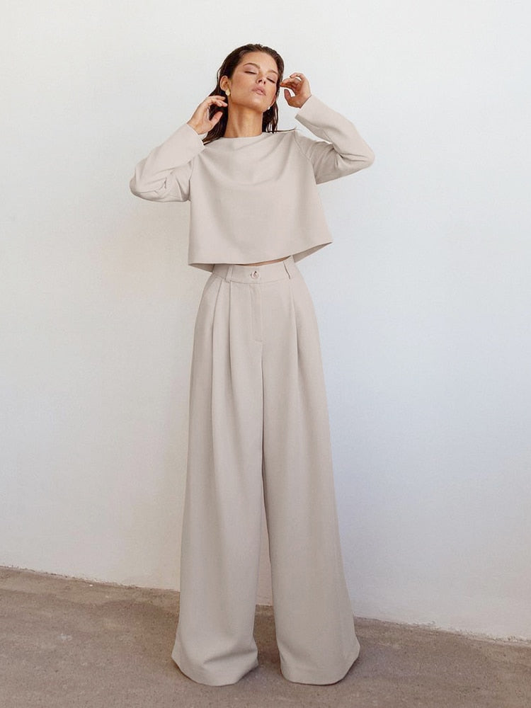 Classic Loose Cut Floor-Length Pants Long Sleeve Top Set