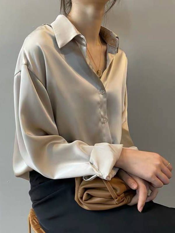 Loose Fit Metallic Colors Button Up Silk Shirt Blouse