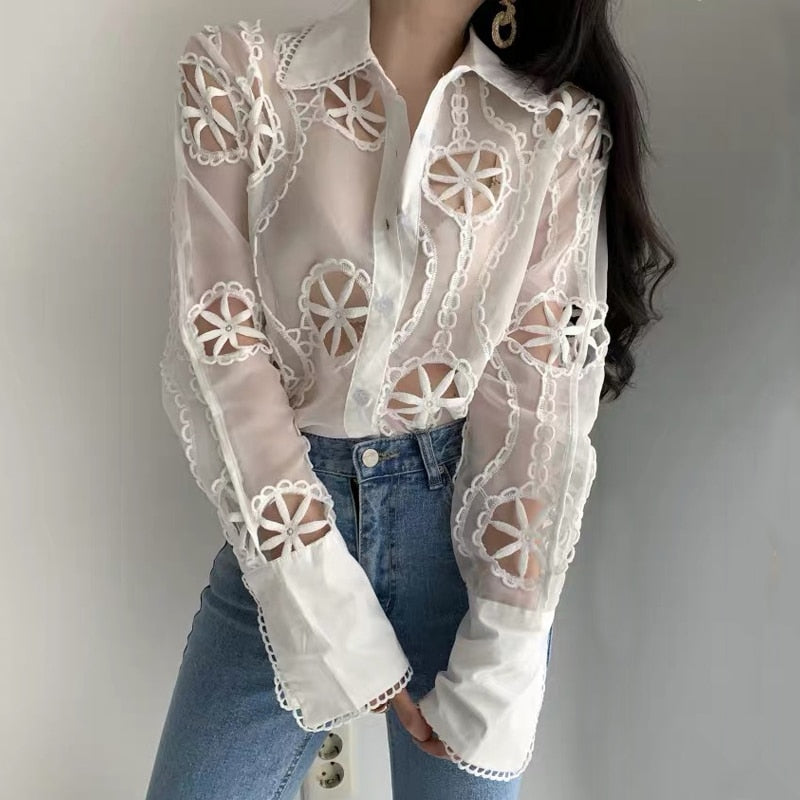 Women's Long Sleeve Sheer Embroidery White Blouse Button Up Cut Out Shirt