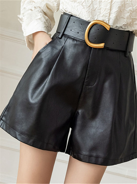 Women's Leather High Waist Shorts with Belt